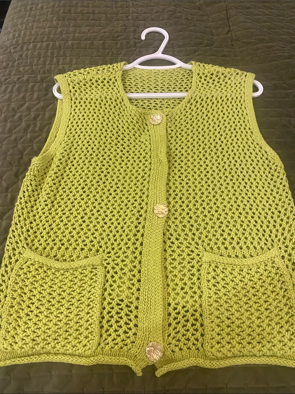 Open-Knit Sleeveless Cardigan Vest in Lime Green